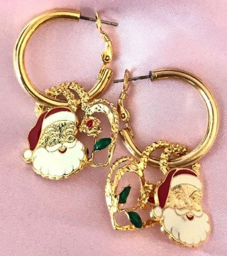 Vintage Hoop Earrings Removable Christmas Charms Santa & Heart Holiday OB5B2 2