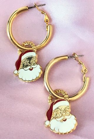 Vintage Hoop Earrings Removable Christmas Charms Santa & Heart Holiday OB5B2 4