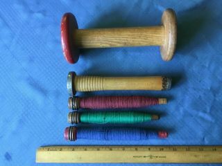 Vintage Wooden Spool And Bobbins With Thread