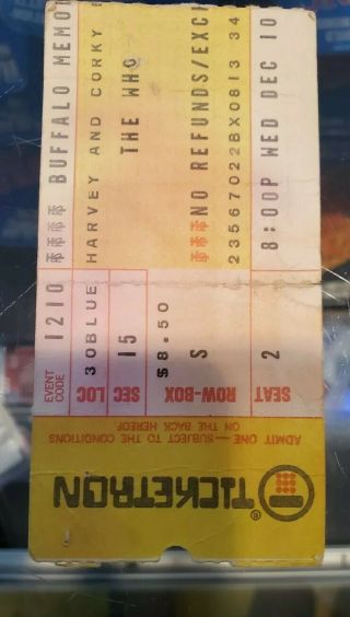1975 The Who Buffalo Memorial Auditorium Vintage Concert Ticket Stub