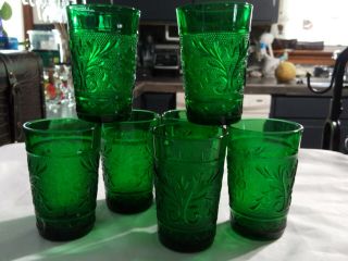Vintage Anchor Hocking Emerald Green Sandwich Oatmeal Juice Glasses Set Of 7