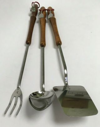 Vintage Duncan Hines Camping Tools Spatula Spoon Fork Wood Handle Set Stainless