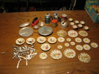 Vintage Child Aluminum Tin Dish Set,  Teapot Silverware Dishes Cups Baking Tin