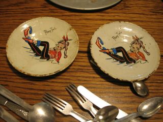 Vintage Child Aluminum Tin Dish Set,  TeaPot silverware dishes cups baking tin 3