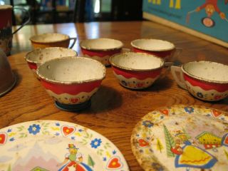 Vintage Child Aluminum Tin Dish Set,  TeaPot silverware dishes cups baking tin 8
