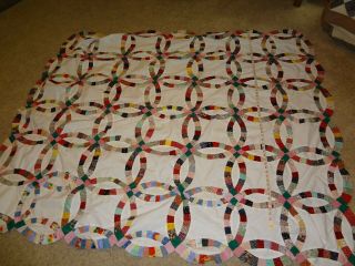Vintage Patchwork Quilt Top,  Double Wedding Ring,  Hand Pieced,  Multi Color