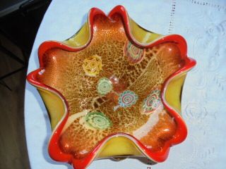 Murano Glass Vintage Large Bowl Red/green With Gold Pebble Design Vgc