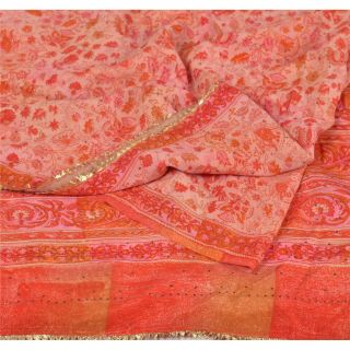 Sanskriti Vintage Pink Saree Pure Crepe Silk Floral Printed Sari Craft Fabric