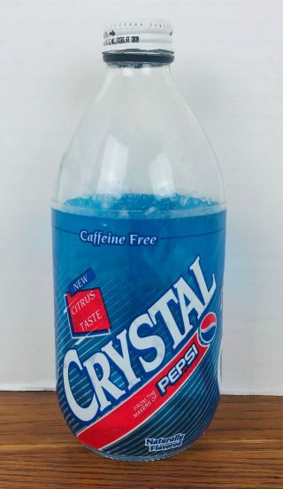 Rare & Vintage 1990s Caffeine Crystal Pepsi Glass Bottle W/ Cap Clear Soda