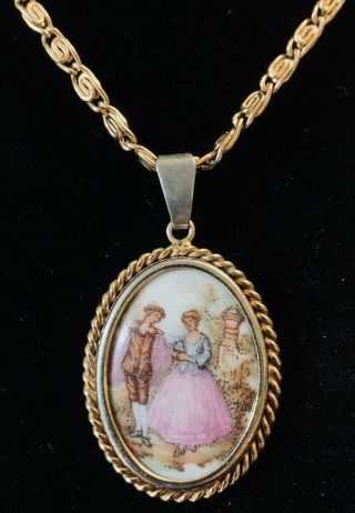 Vintage Limoges Made In France Victorian Couple Glass Cameo Pendant Necklace