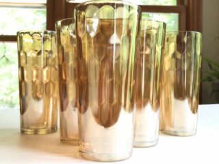 Vintage Mid Century Modern Highball Drinking Glasses Amber Iridescent Set Of 7