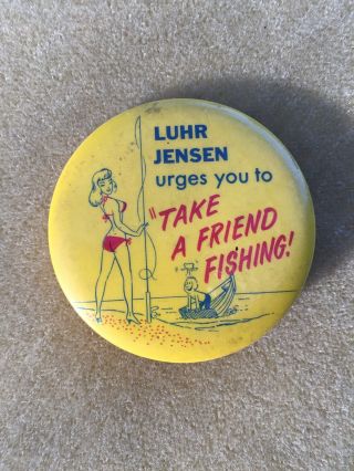 Rare Vintage Luhr Jensen Advertising Pin Button Lures Bass Trolling Crankbait