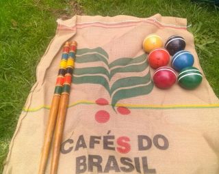 6 Vtg Striped Croquet Balls&2 Poles.  Shipped In Cafes Do Brasil Burlap Coffee Bag
