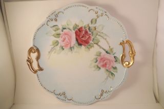 Vintage Artist Signed Hand Painted Decorative Cake Plate Pink Red Roses