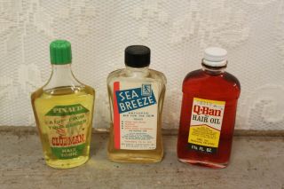 3 Vintage Hair Oil / Antiseptic Sample Barber Bottles Q - Ban Pinaud Sea Breeze