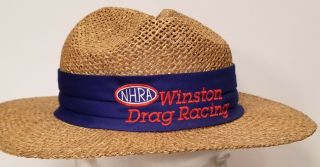 Vintage Nhra Winston Drag Racing Straw Hat Collectable With Blue/red Advertising