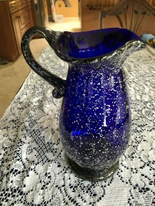 Lovely Vintage Dark Cobalt Blue Glass Pitcher 9 " Tall Vase Silver Speckles