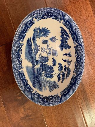 Stunning Vintage Antique Japan Blue Ceramic Willow Oval Vegetable Bowl 10 1/4”