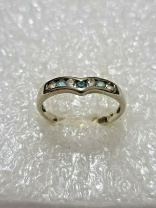 Fine Blue & Clear Cz Wishbone Ring Solid Silver 925 Vintage Ring Size O1/2 P