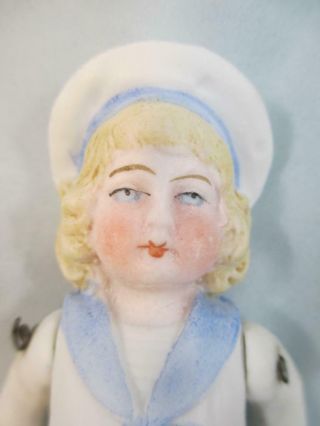 Antique German All Bisque Doll Molded Sailor Blue & White Clothing With Repair