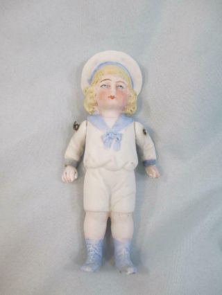 Antique German All Bisque Doll Molded Sailor Blue & White Clothing with Repair 2