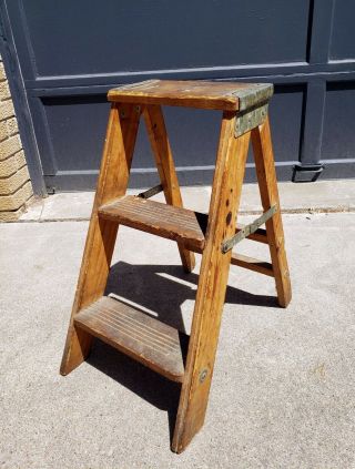 Vintage Wood Folding Step Ladder 2 Steps Rustic Decor $0 Ship