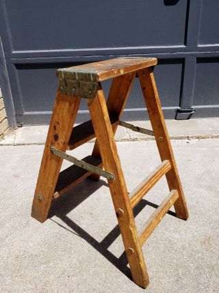 Vintage Wood Folding Step Ladder 2 Steps Rustic Decor $0 SHIP 3