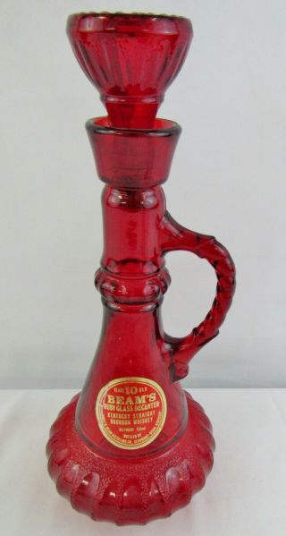 Vintage Ruby Red Jim Beam Genie Bottle Decanter Glass Cork Topper 1980 