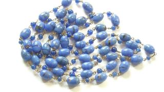 Vintage Art Deco Long Cornflower Blue Wired Glass Bead Necklace