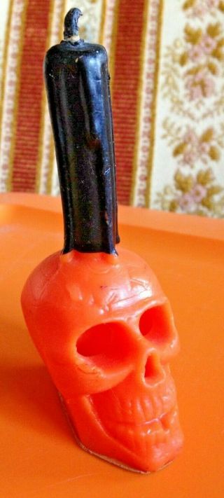 Vintage Usa Gurley Orange Halloween Human Skull Impaled By A Black Stake Candle