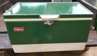 Vintage 1974 Coleman Green Metal Ice Chest Cooler Chest 13 1/2 X 22 1/2 X 12 1/2