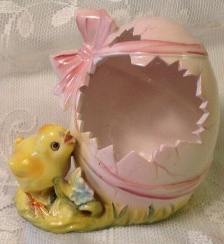 Vintage Adorable Norcrest Baby Chicken Chick Peep Pink Bow Egg Easter Candy Vase