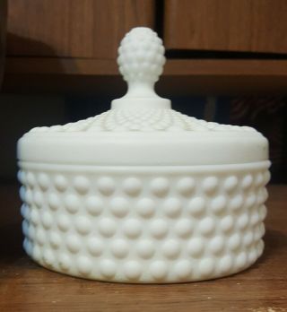 Vintage Fenton White Milk Glass Hobnail Covered Candy Dish - 6.  5 " Round X 4 " Tall