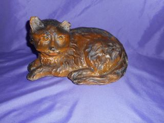 Large Vintage Chalkware Carnival Prize Reclining Sleeping Brown Cat Figure