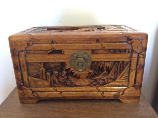 Vintage Chinese Camphor Wood Chest Box Carved Decoration