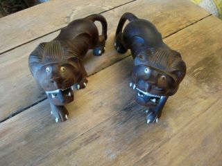 Vintage Hand Carved Dark Wood Lion Figures Sculptures With Claws