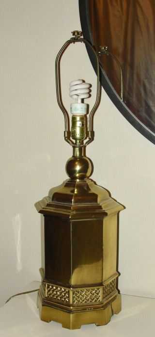 Vintage Ethan Allen Hollywood Regency Large Brass Chinoiserie Lattice Lamp