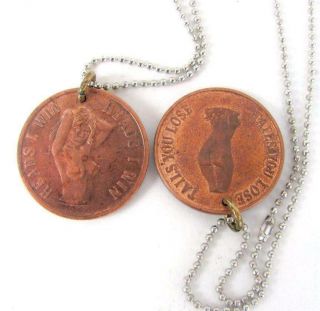 1 Men ' s vtg Coin Necklace Risque Flip Coin Jewelry nude Pin Up Girl 1970s retro 2