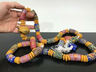 Vtg Huge Chunky Painted Art Glass Ethnic Tribal African Trade Bead Necklace