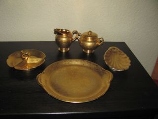 Vintage Wheeling Decorating Gold Porcelain Serving Set Sugar Creamer 3 Dishes