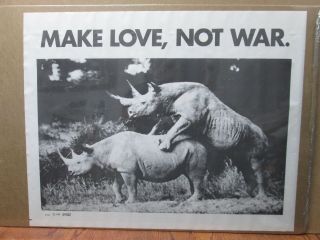 Vintage 1969 Peace Make Love Not War Black And White Poster Rhino In G1575