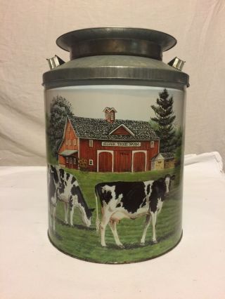Vintage Milk Can Popcorn Tin " Silver Tree Farm " Signed Pat Gamby Cows
