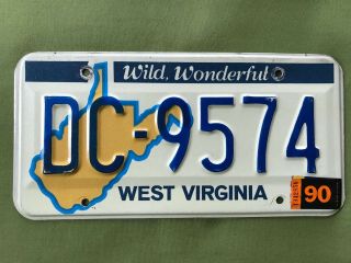 Nuc Vintage 1990 West Virginia Auto License Plate Wv Usa Dc 9574 Outline Map 90s