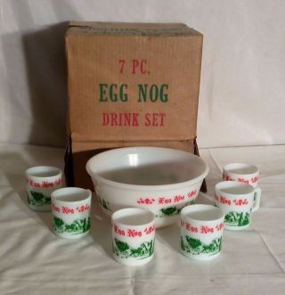Vintage 7 Pc Hazel Atlas Egg Nog Punch Bowl 6 Cups Box Milk Glass