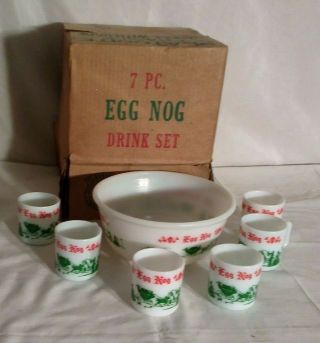 Vintage 7 Pc Hazel Atlas Egg Nog Punch Bowl 6 Cups Box Milk Glass 2