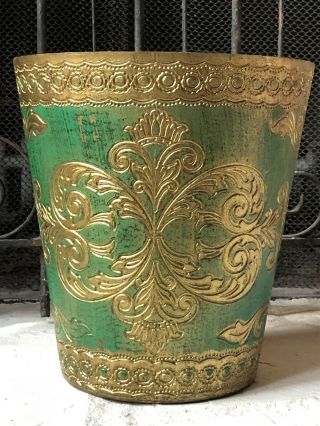 Vintage Green Gold Gilt Florentine Ornate Trash Can Antique Wastebasket Italy