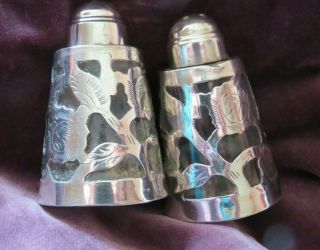 Vintage Sterling Silver 925 Overlay Salt & Pepper Shakers D.  M.  S Mexico 6cm X 4cm