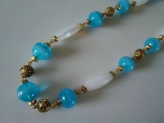 Vintage Venetian? Aqua Blue & Iridescent Milk Glass Bead Necklace 20 "