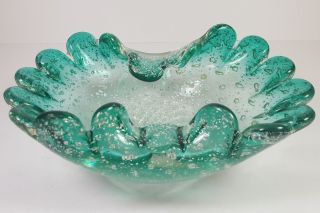 Vintage Art Glass Controlled Bubble Green & Silver Specks Fancy Bowl