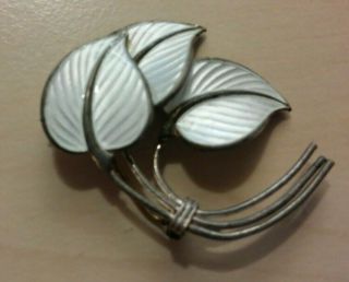 Hans Myhre Vintage Norwegian Sterling Silver & White Enamel Leaf Brooch 1960s